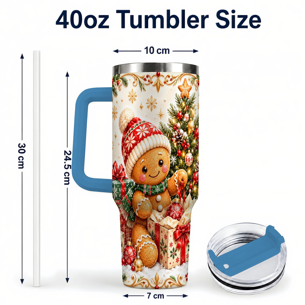 #pl[40oz|Blue] Cozy Gingerbread 40oz Tumbler with Handle, Christmas Travel Cup