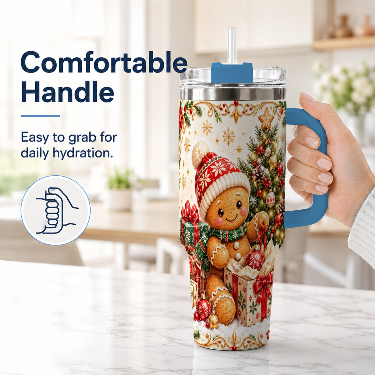 #pl[40oz|Blue] Cozy Gingerbread 40oz Tumbler with Handle, Christmas Travel Cup