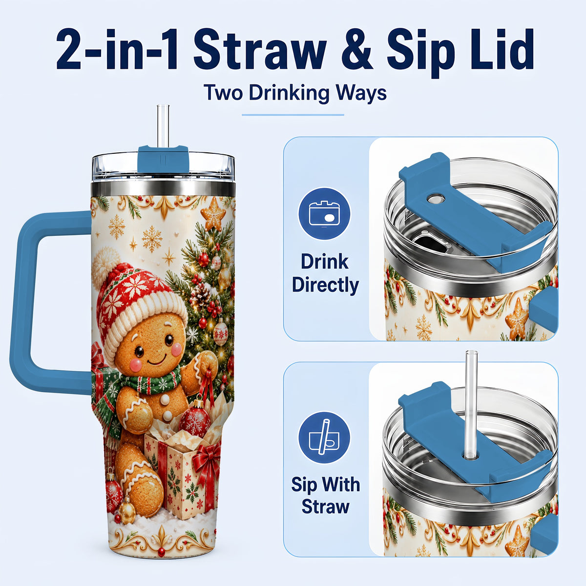 #pl[40oz|Blue] Cozy Gingerbread 40oz Tumbler with Handle, Christmas Travel Cup