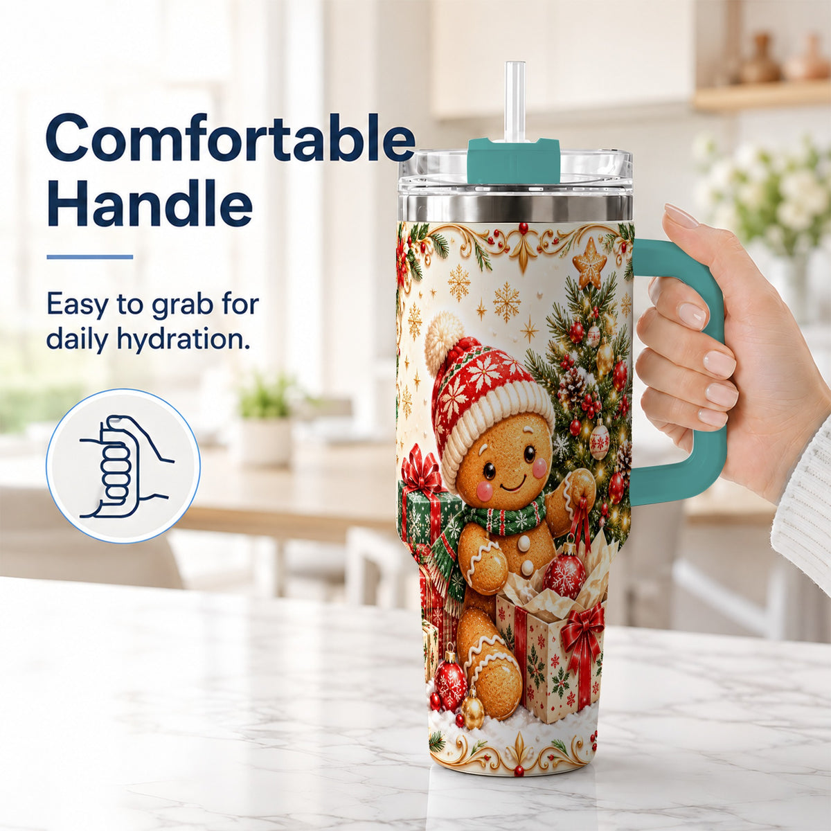 #pl[40oz|Green] Cozy Gingerbread 40oz Tumbler with Handle, Christmas Travel Cup
