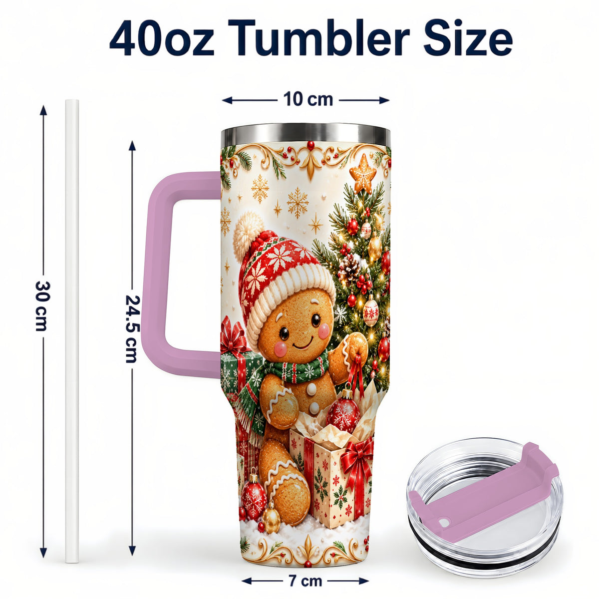 #pl[40oz|Pink] Cozy Gingerbread 40oz Tumbler with Handle, Christmas Travel Cup