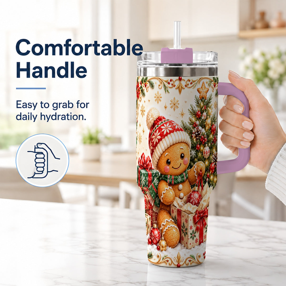 #pl[40oz|Pink] Cozy Gingerbread 40oz Tumbler with Handle, Christmas Travel Cup