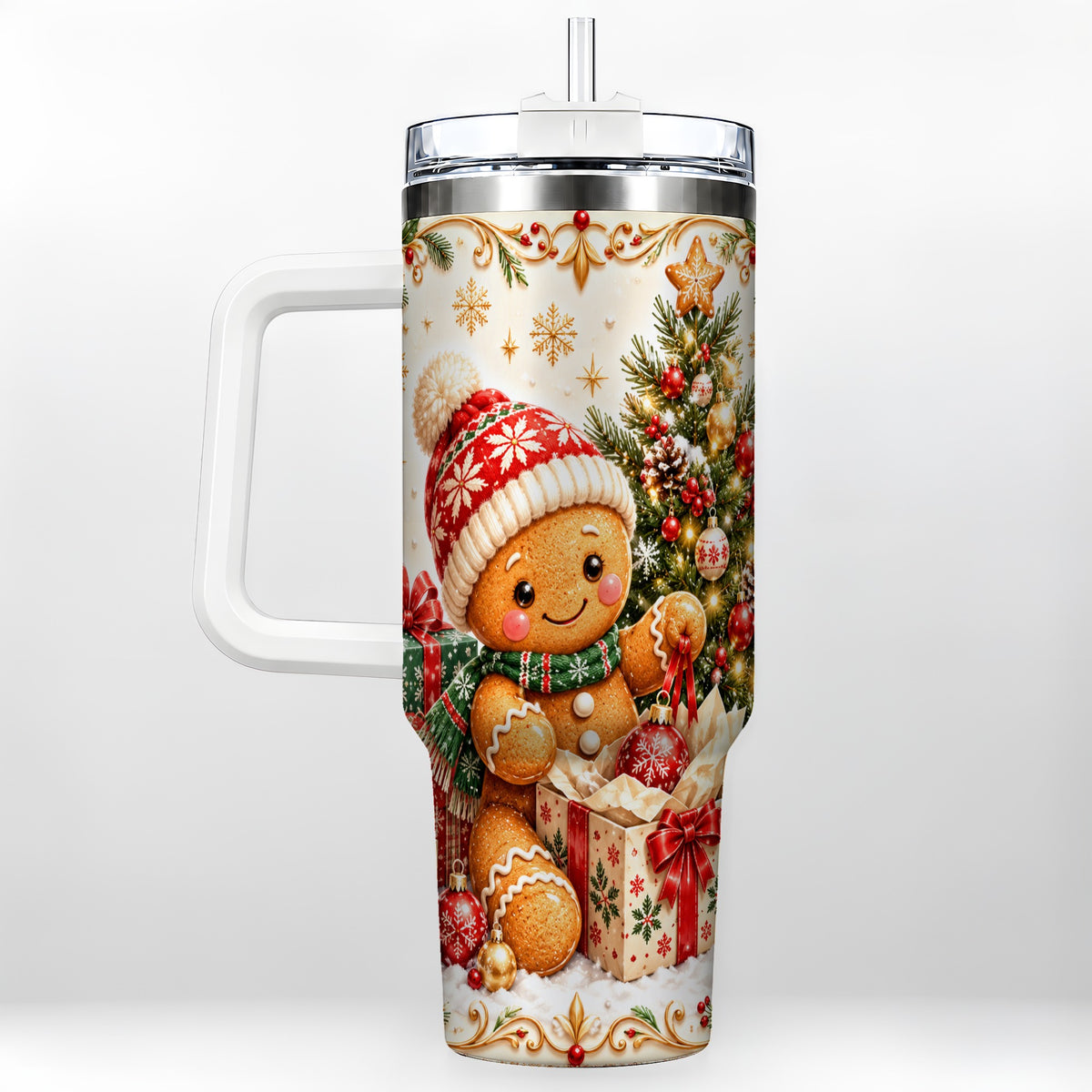 Cozy Gingerbread 40oz Tumbler with Handle, Christmas Travel Cup