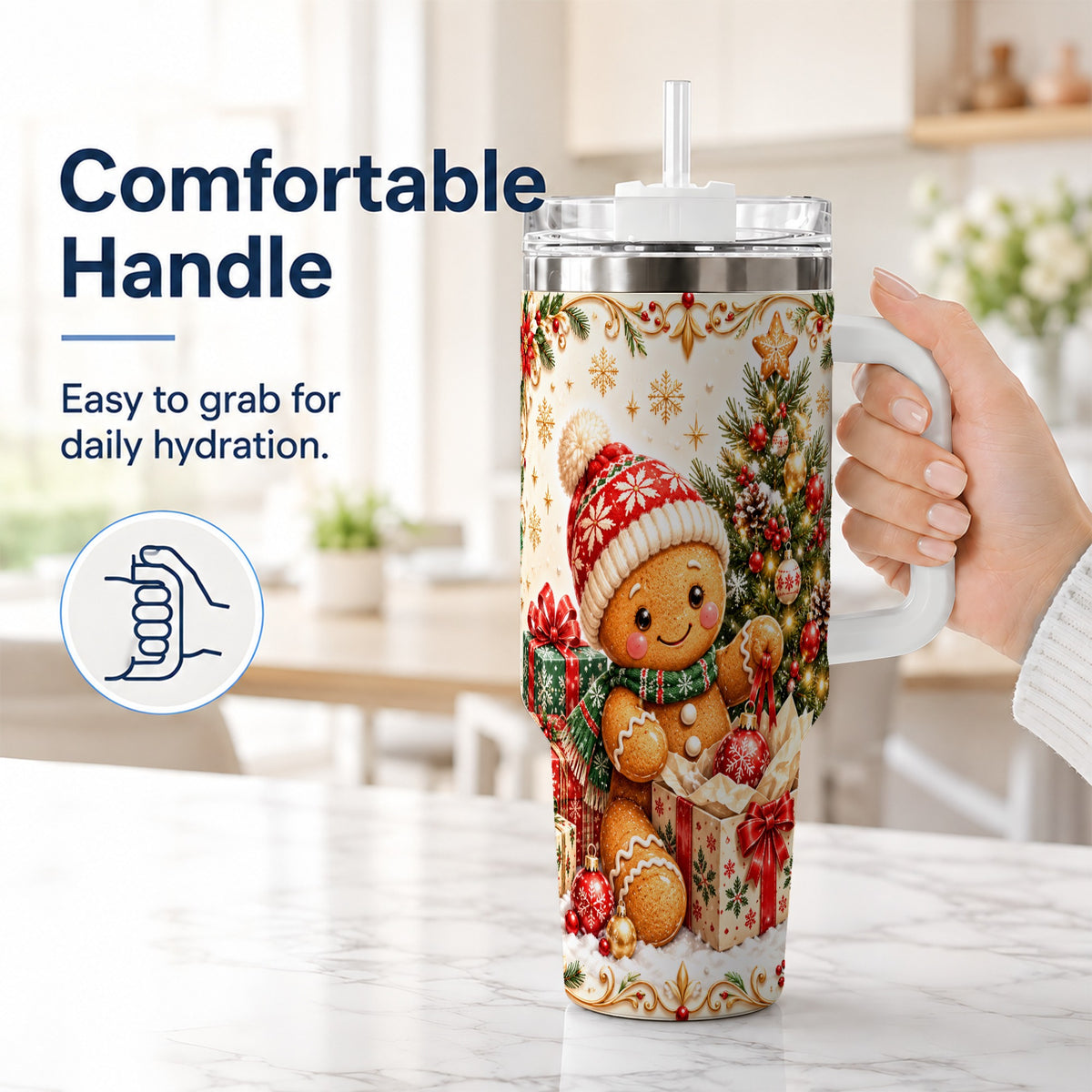 #pl[40oz|White] Cozy Gingerbread 40oz Tumbler with Handle, Christmas Travel Cup