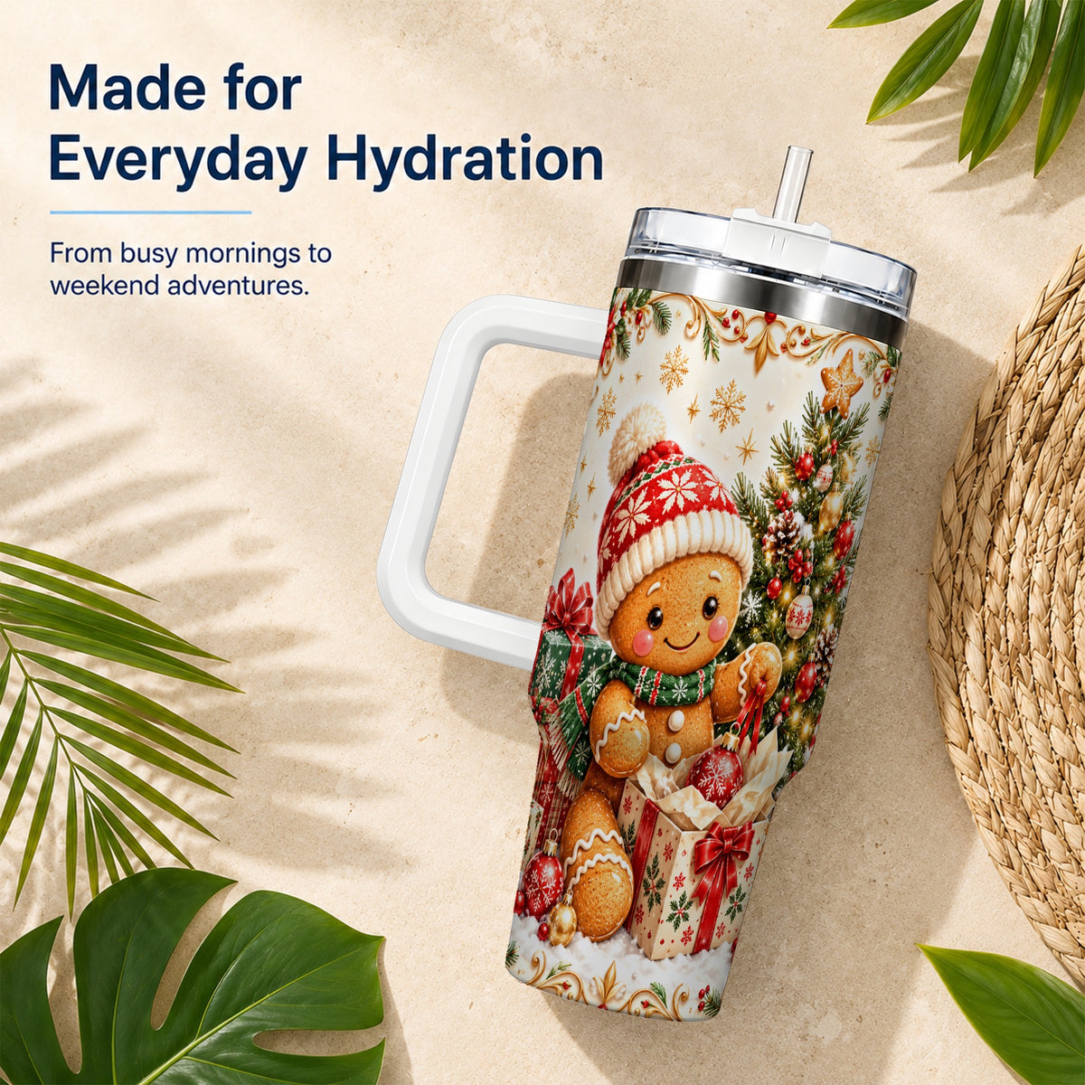 Cozy Gingerbread 40oz Tumbler with Handle, Christmas Travel Cup