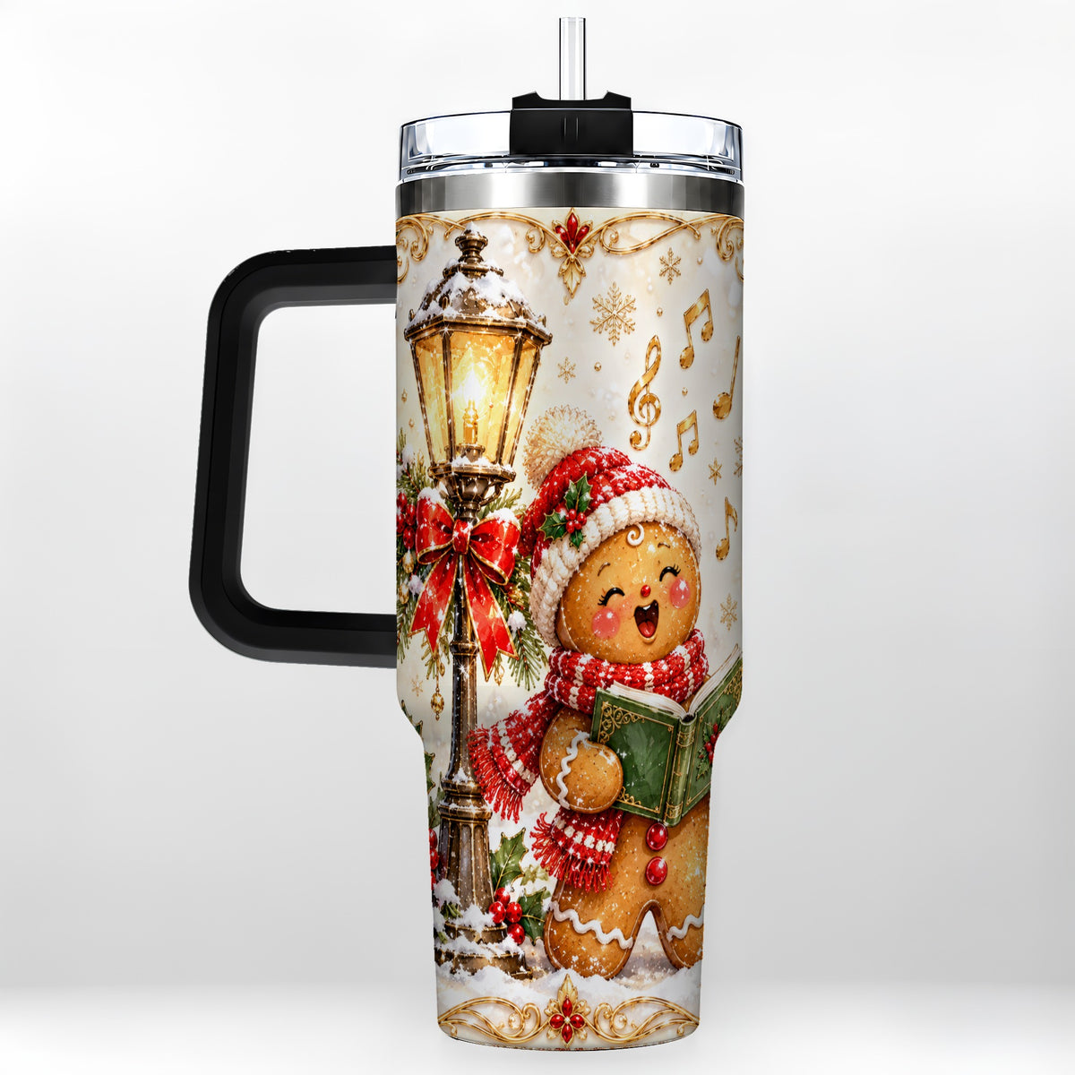 #pl[40oz|Black] Christmas Carol Gingerbread 40oz Tumbler with Handle, Holiday Travel Cup