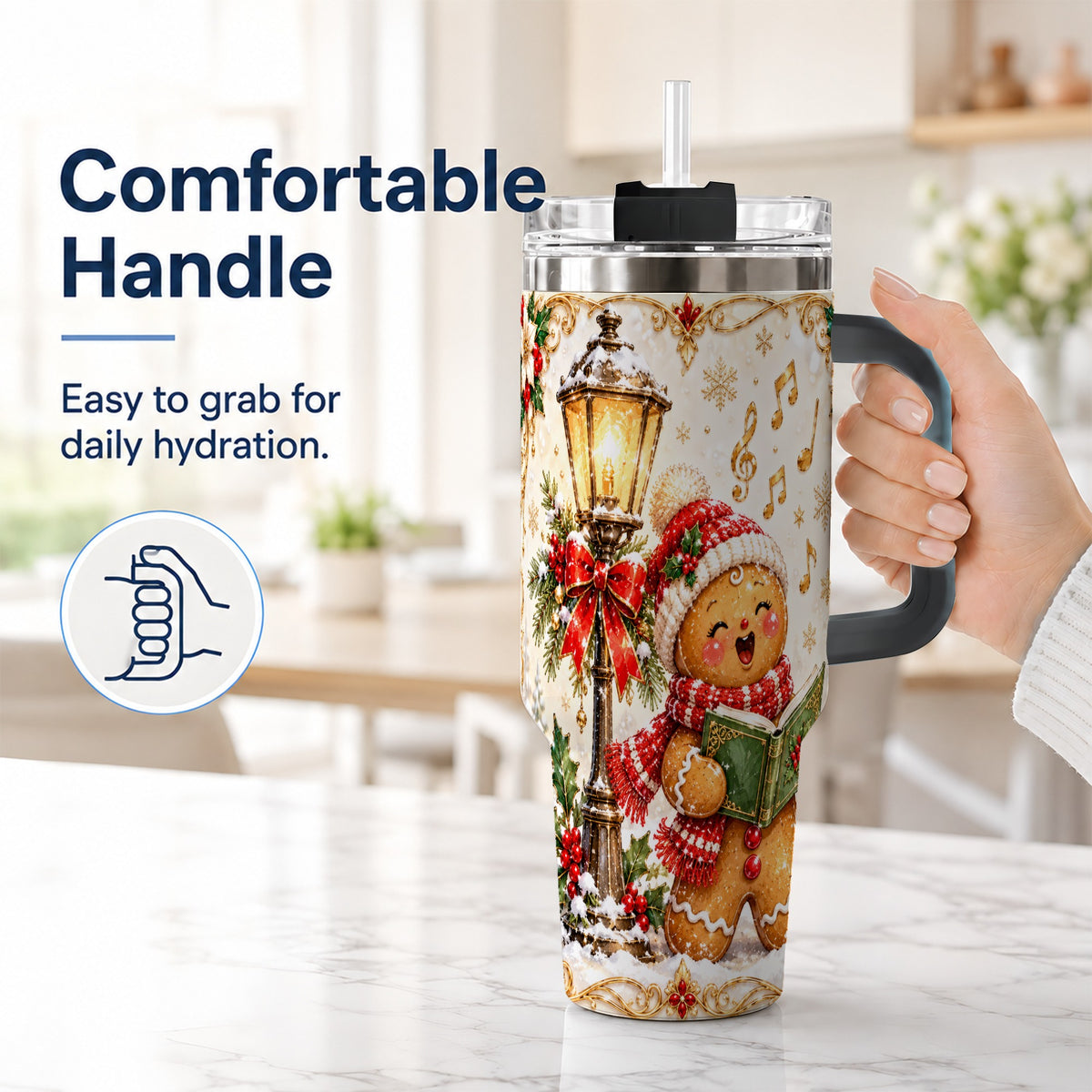 #pl[40oz|Black] Christmas Carol Gingerbread 40oz Tumbler with Handle, Holiday Travel Cup