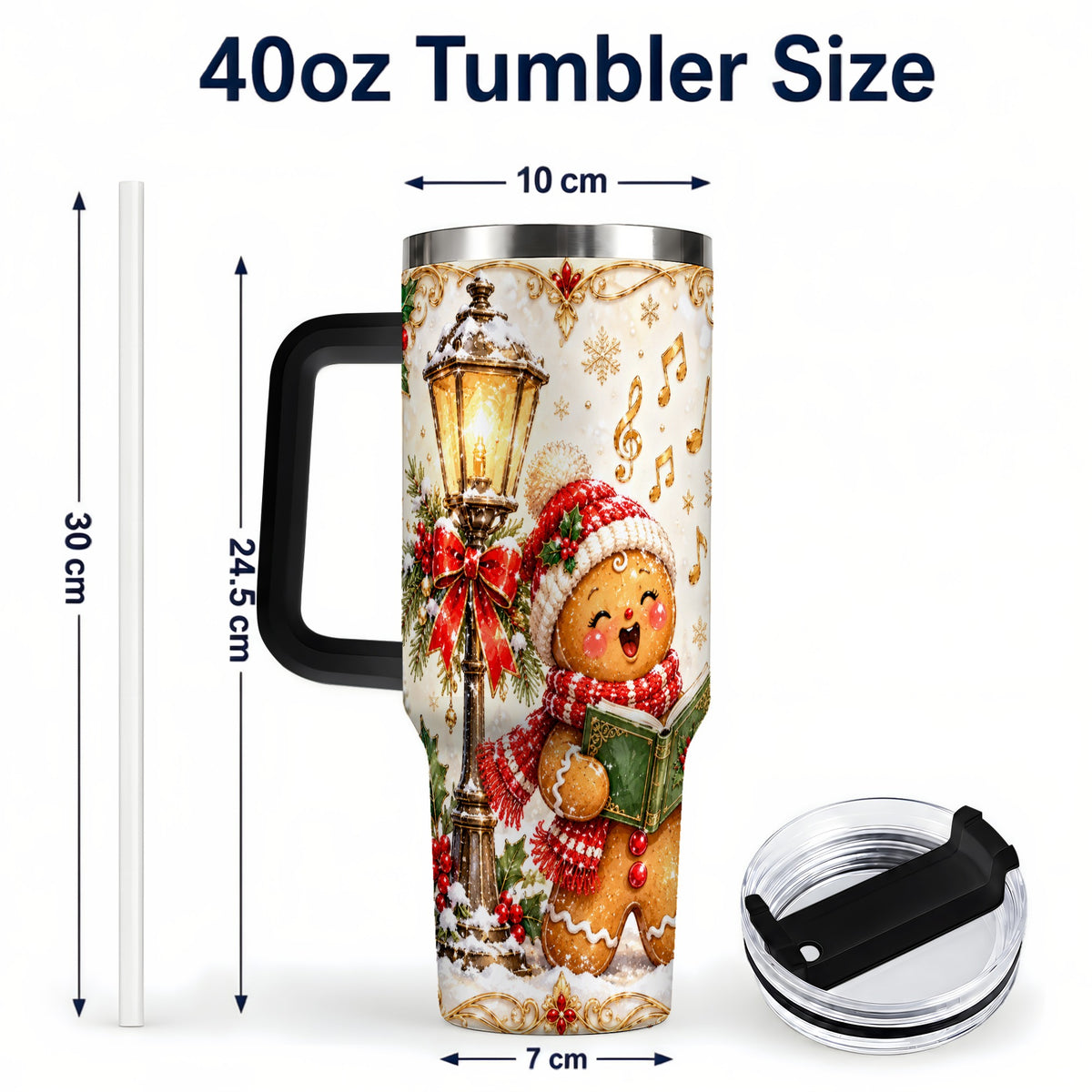 #pl[40oz|Black] Christmas Carol Gingerbread 40oz Tumbler with Handle, Holiday Travel Cup