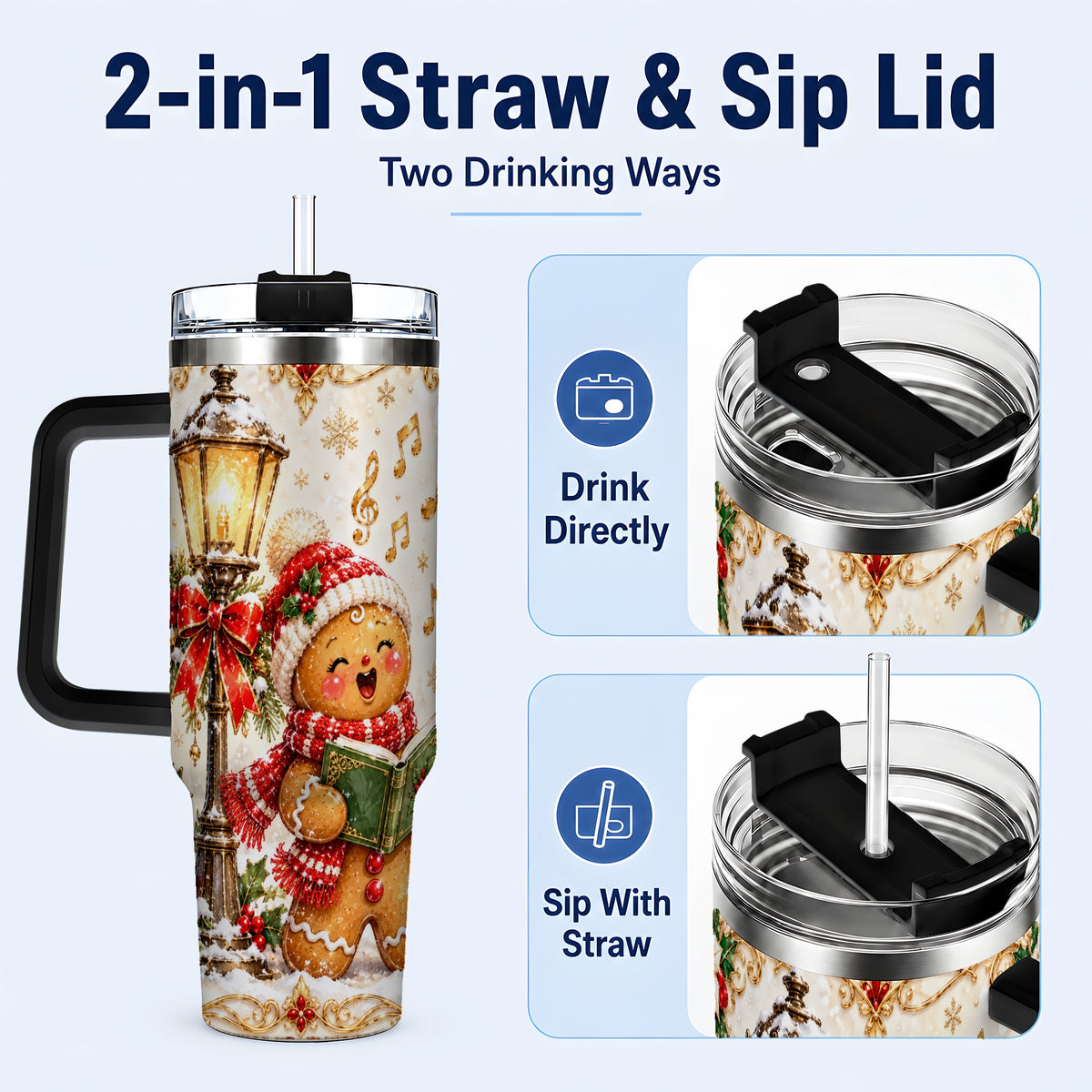 #pl[40oz|Black] Christmas Carol Gingerbread 40oz Tumbler with Handle, Holiday Travel Cup