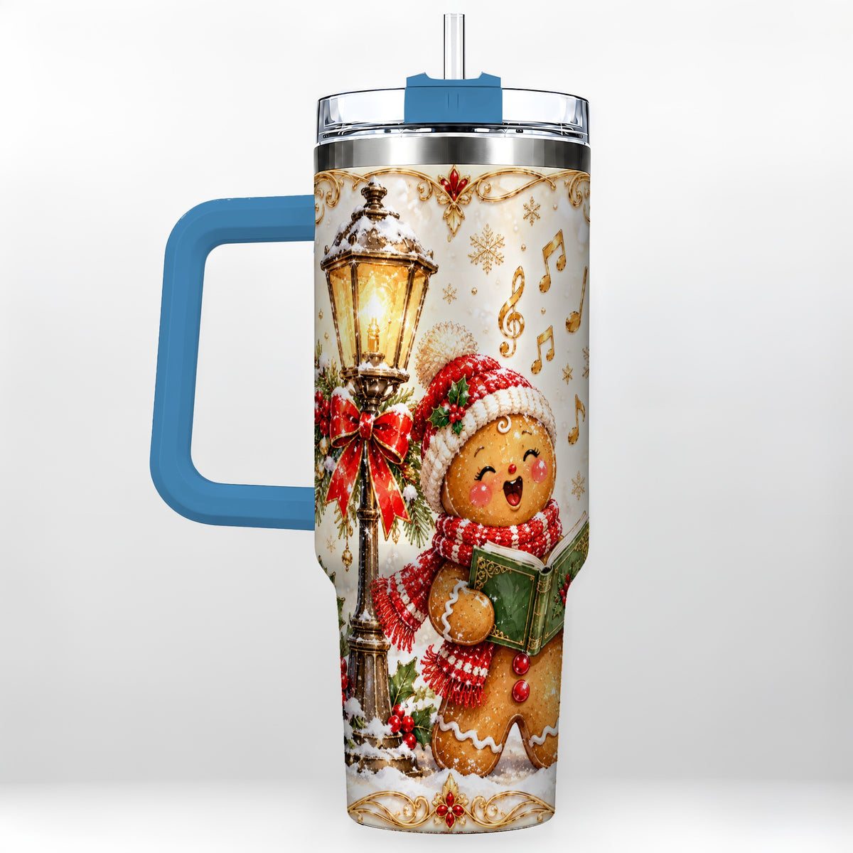 #pl[40oz|Blue] Christmas Carol Gingerbread 40oz Tumbler with Handle, Holiday Travel Cup