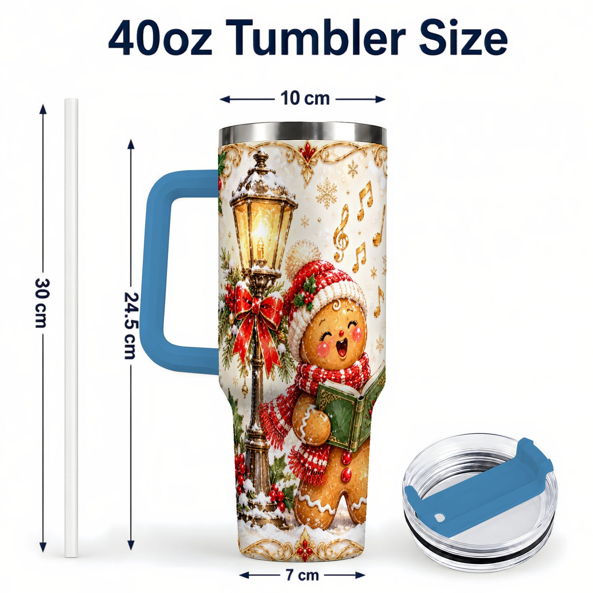 #pl[40oz|Blue] Christmas Carol Gingerbread 40oz Tumbler with Handle, Holiday Travel Cup