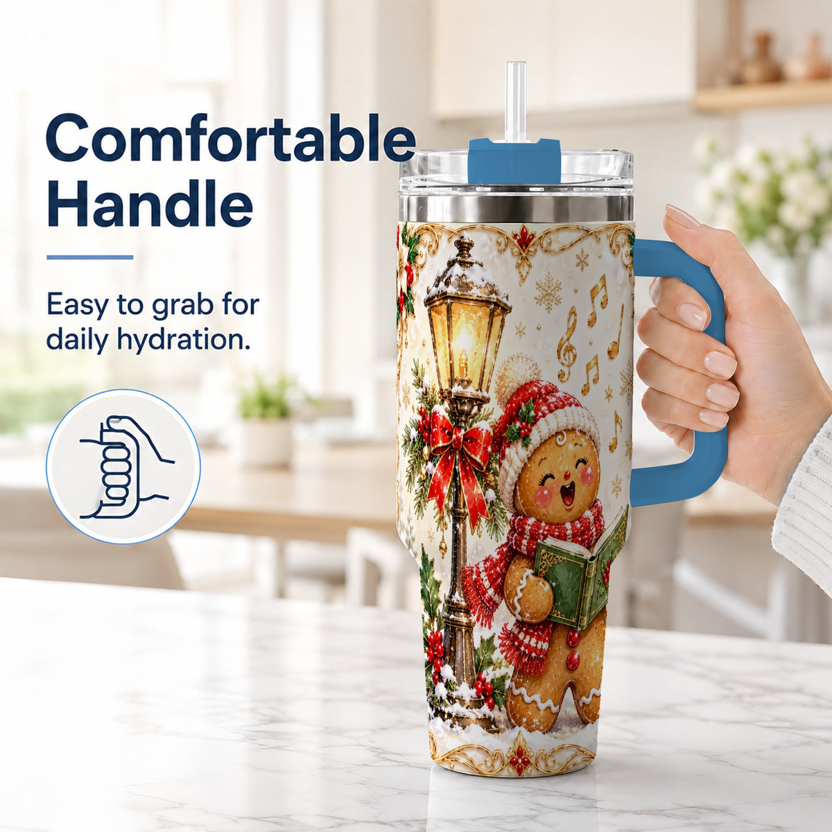 #pl[40oz|Blue] Christmas Carol Gingerbread 40oz Tumbler with Handle, Holiday Travel Cup