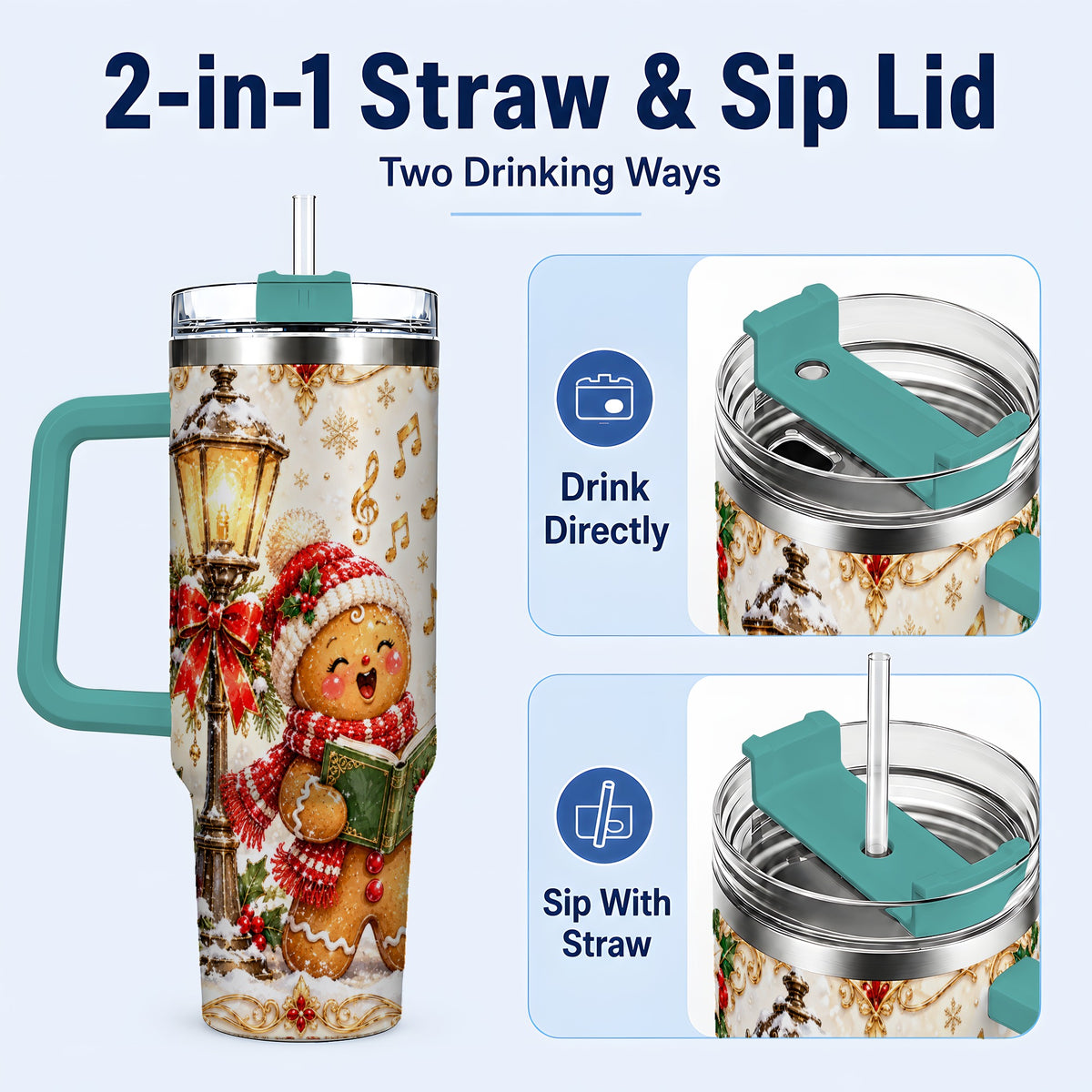#pl[40oz|Green] Christmas Carol Gingerbread 40oz Tumbler with Handle, Holiday Travel Cup