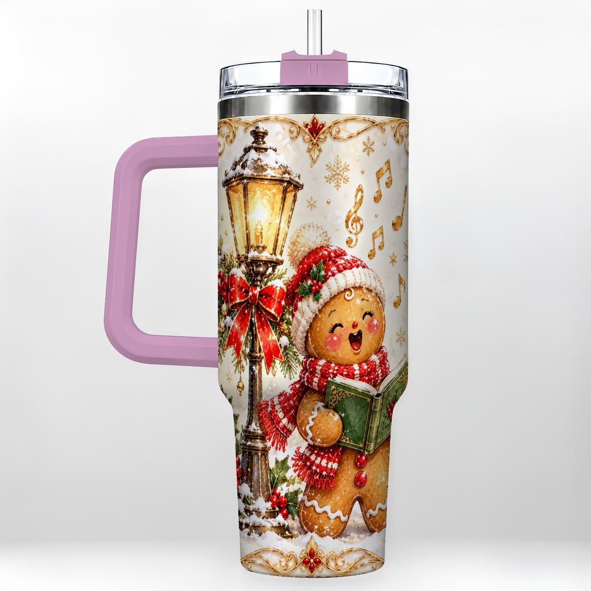 #pl[40oz|Pink] Christmas Carol Gingerbread 40oz Tumbler with Handle, Holiday Travel Cup