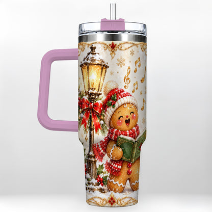 #pl[40oz|Pink] Christmas Carol Gingerbread 40oz Tumbler with Handle, Holiday Travel Cup