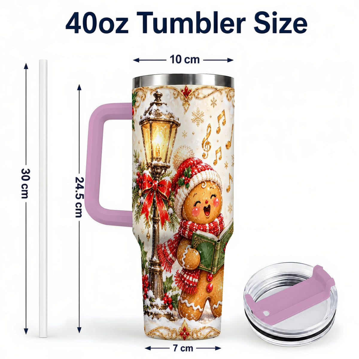 #pl[40oz|Pink] Christmas Carol Gingerbread 40oz Tumbler with Handle, Holiday Travel Cup