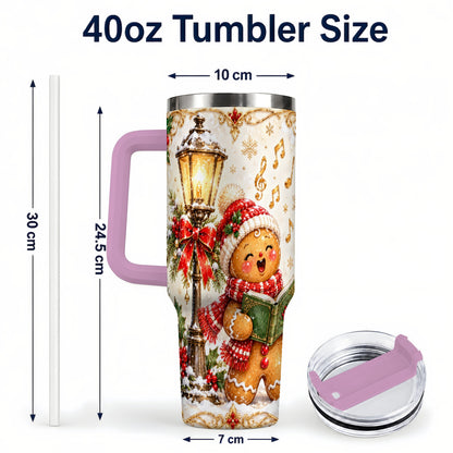 #pl[40oz|Pink] Christmas Carol Gingerbread 40oz Tumbler with Handle, Holiday Travel Cup