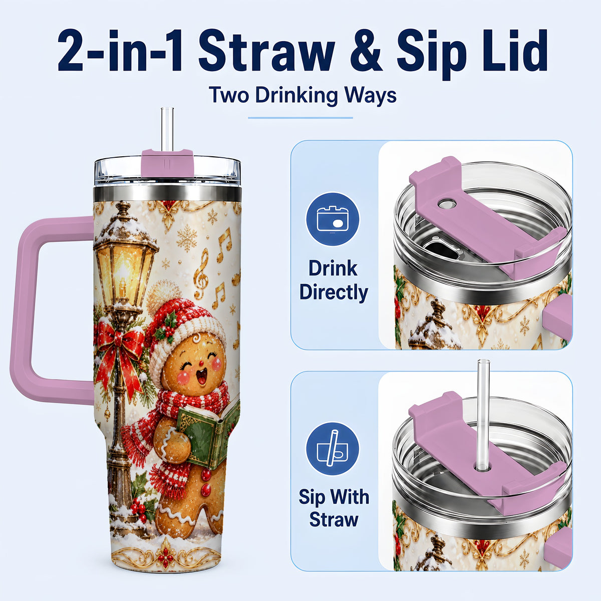 #pl[40oz|Pink] Christmas Carol Gingerbread 40oz Tumbler with Handle, Holiday Travel Cup