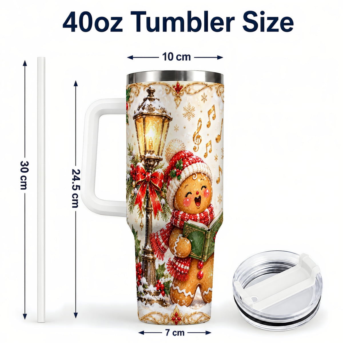 #pl[40oz|White] Christmas Carol Gingerbread 40oz Tumbler with Handle, Holiday Travel Cup