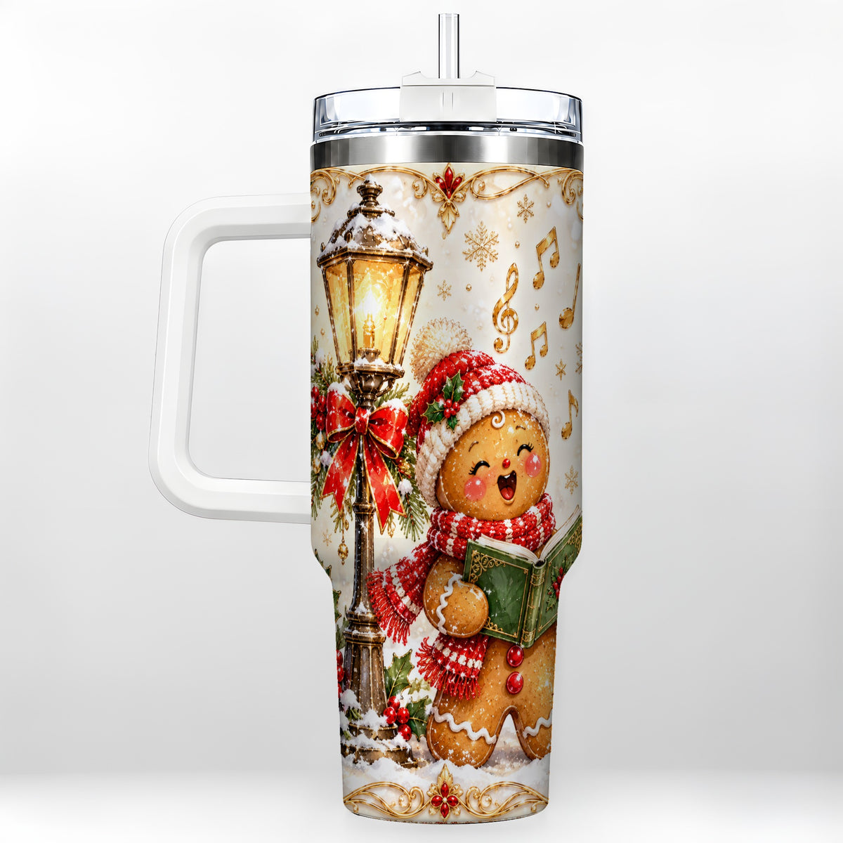 Christmas Carol Gingerbread 40oz Tumbler with Handle, Holiday Travel Cup