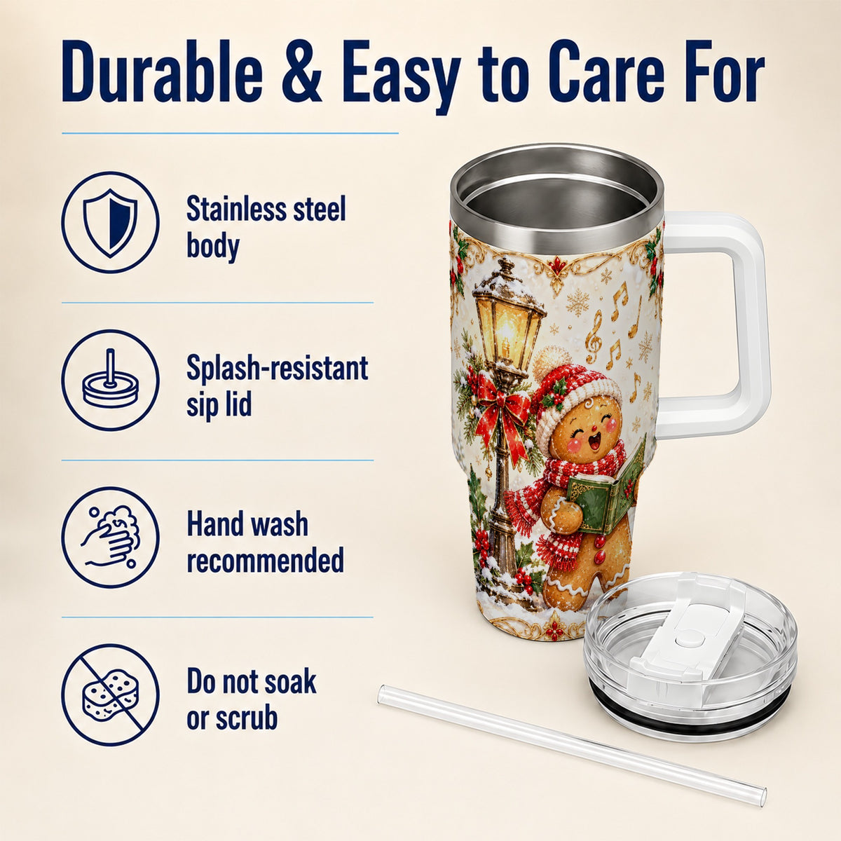 Christmas Carol Gingerbread 40oz Tumbler with Handle, Holiday Travel Cup