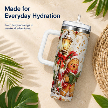 Christmas Carol Gingerbread 40oz Tumbler with Handle, Holiday Travel Cup