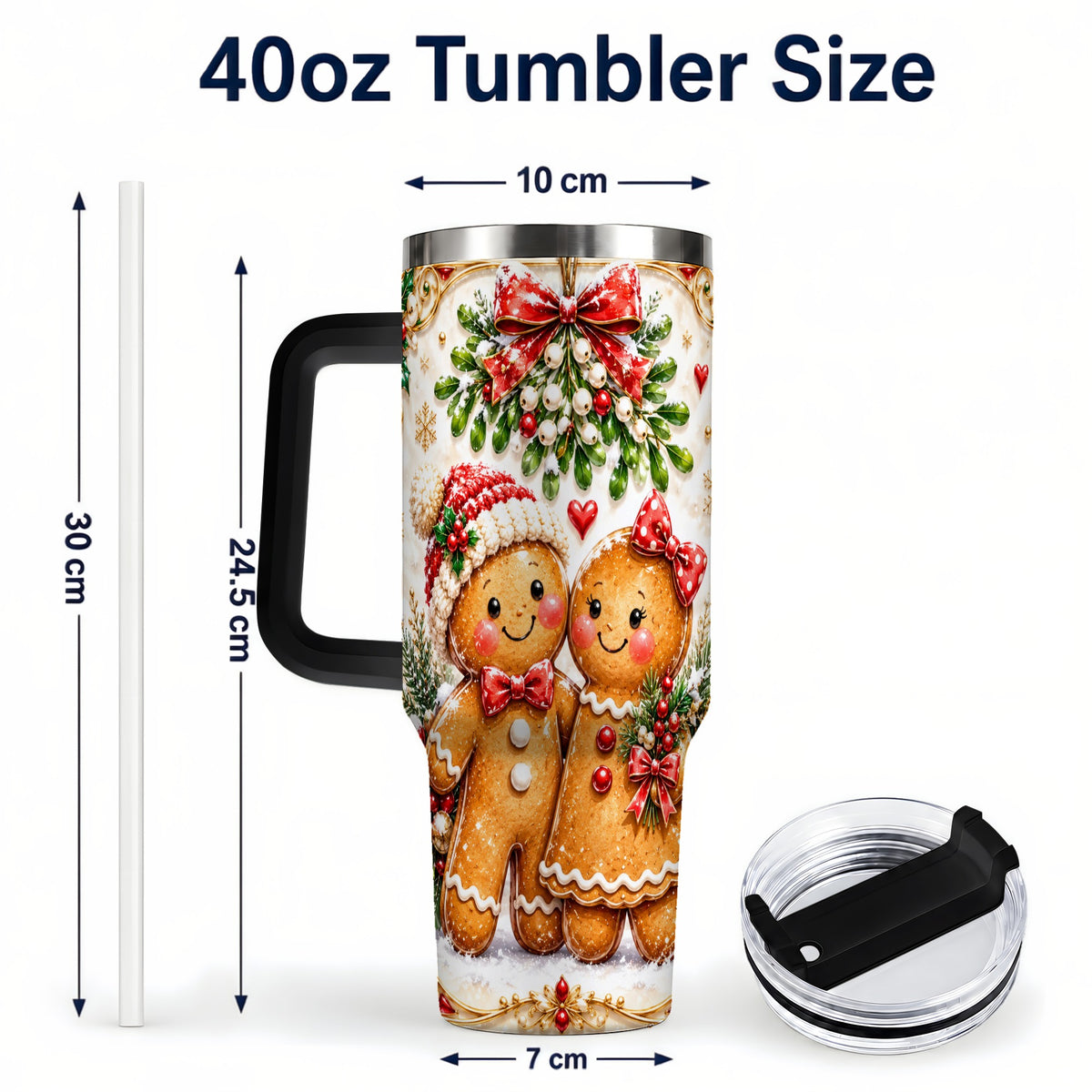 #pl[40oz|Black] Gingerbread Couple 40oz Tumbler with Handle, Mistletoe Travel Cup