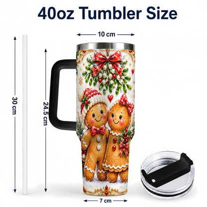 #pl[40oz|Black] Gingerbread Couple 40oz Tumbler with Handle, Mistletoe Travel Cup