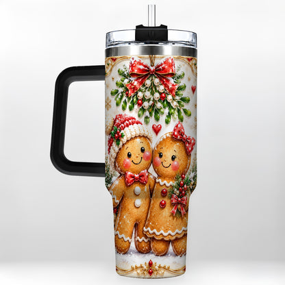 #pl[40oz|Black] Gingerbread Couple 40oz Tumbler with Handle, Mistletoe Travel Cup