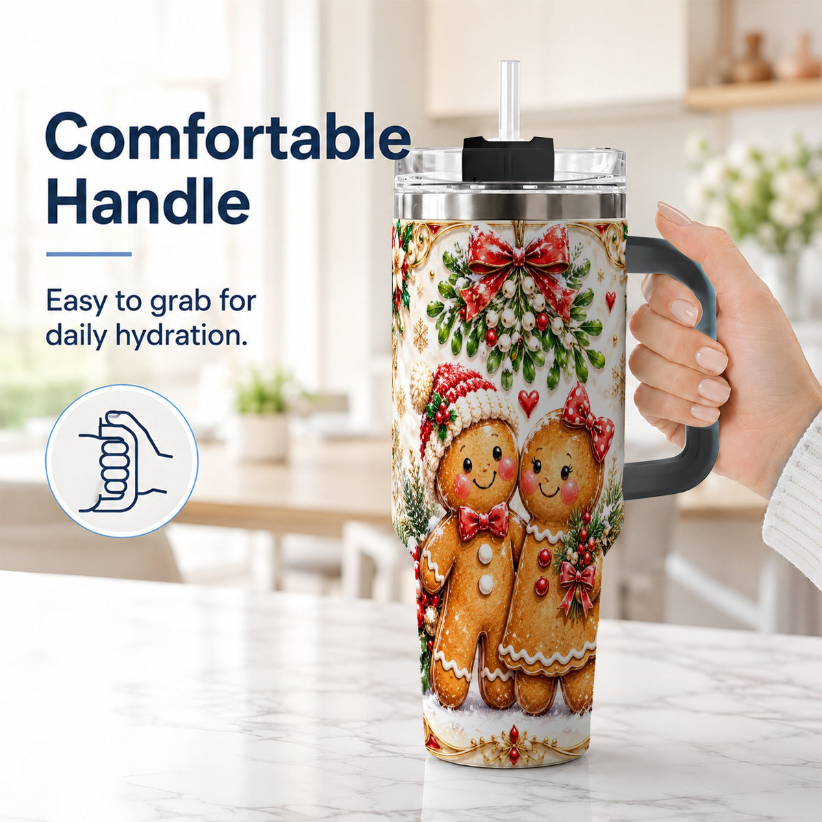 #pl[40oz|Black] Gingerbread Couple 40oz Tumbler with Handle, Mistletoe Travel Cup