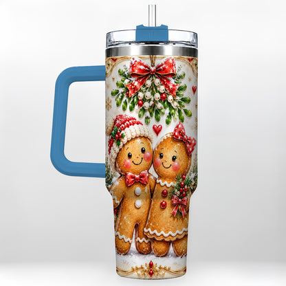#pl[40oz|Blue] Gingerbread Couple 40oz Tumbler with Handle, Mistletoe Travel Cup