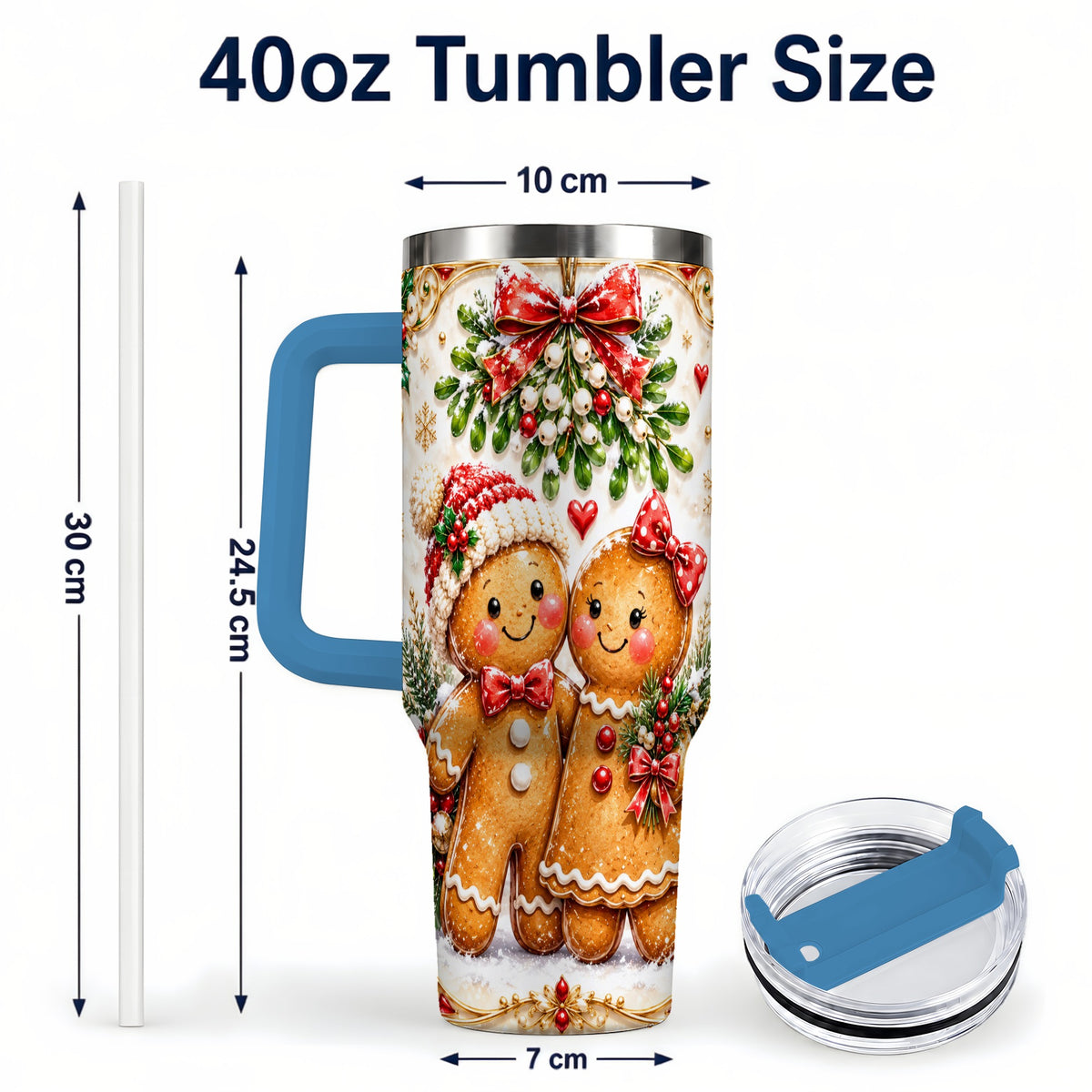 #pl[40oz|Blue] Gingerbread Couple 40oz Tumbler with Handle, Mistletoe Travel Cup