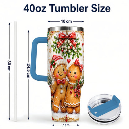 #pl[40oz|Blue] Gingerbread Couple 40oz Tumbler with Handle, Mistletoe Travel Cup