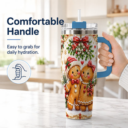 #pl[40oz|Blue] Gingerbread Couple 40oz Tumbler with Handle, Mistletoe Travel Cup