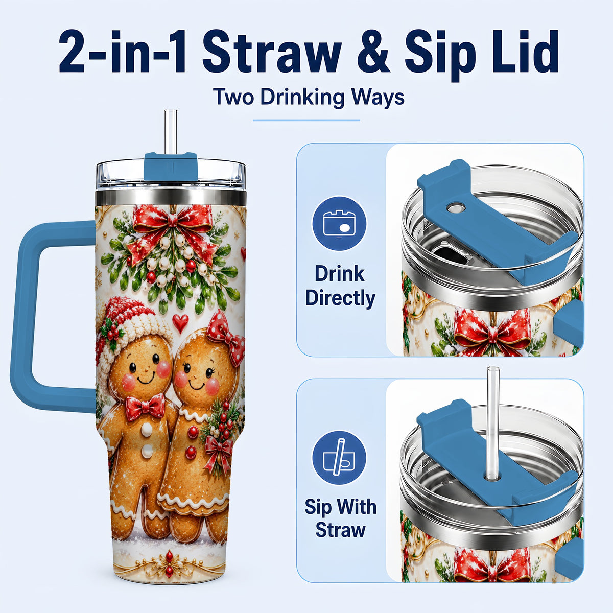 #pl[40oz|Blue] Gingerbread Couple 40oz Tumbler with Handle, Mistletoe Travel Cup
