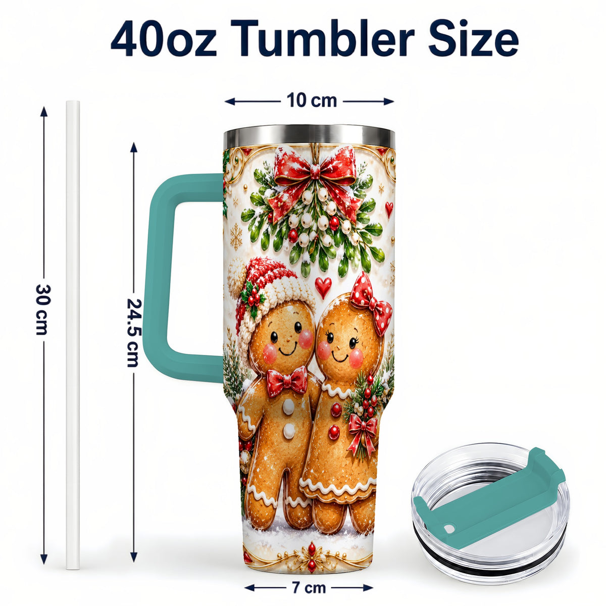 #pl[40oz|Green] Gingerbread Couple 40oz Tumbler with Handle, Mistletoe Travel Cup