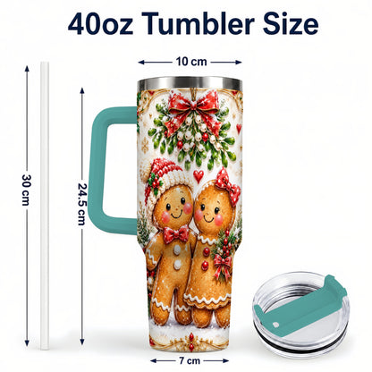 #pl[40oz|Green] Gingerbread Couple 40oz Tumbler with Handle, Mistletoe Travel Cup