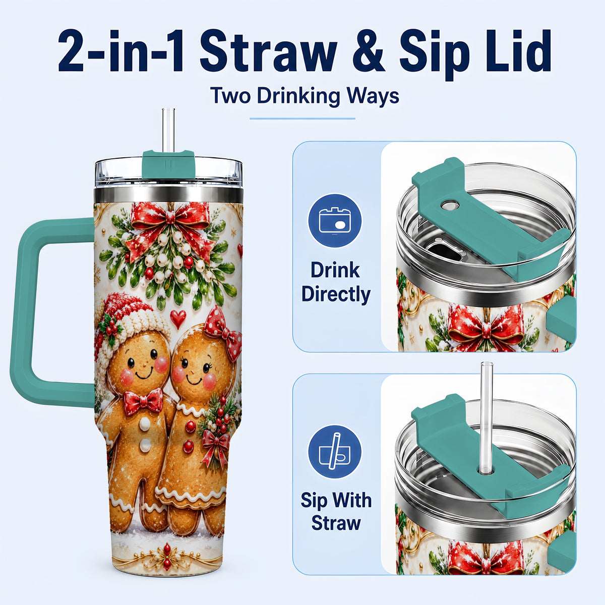 #pl[40oz|Green] Gingerbread Couple 40oz Tumbler with Handle, Mistletoe Travel Cup