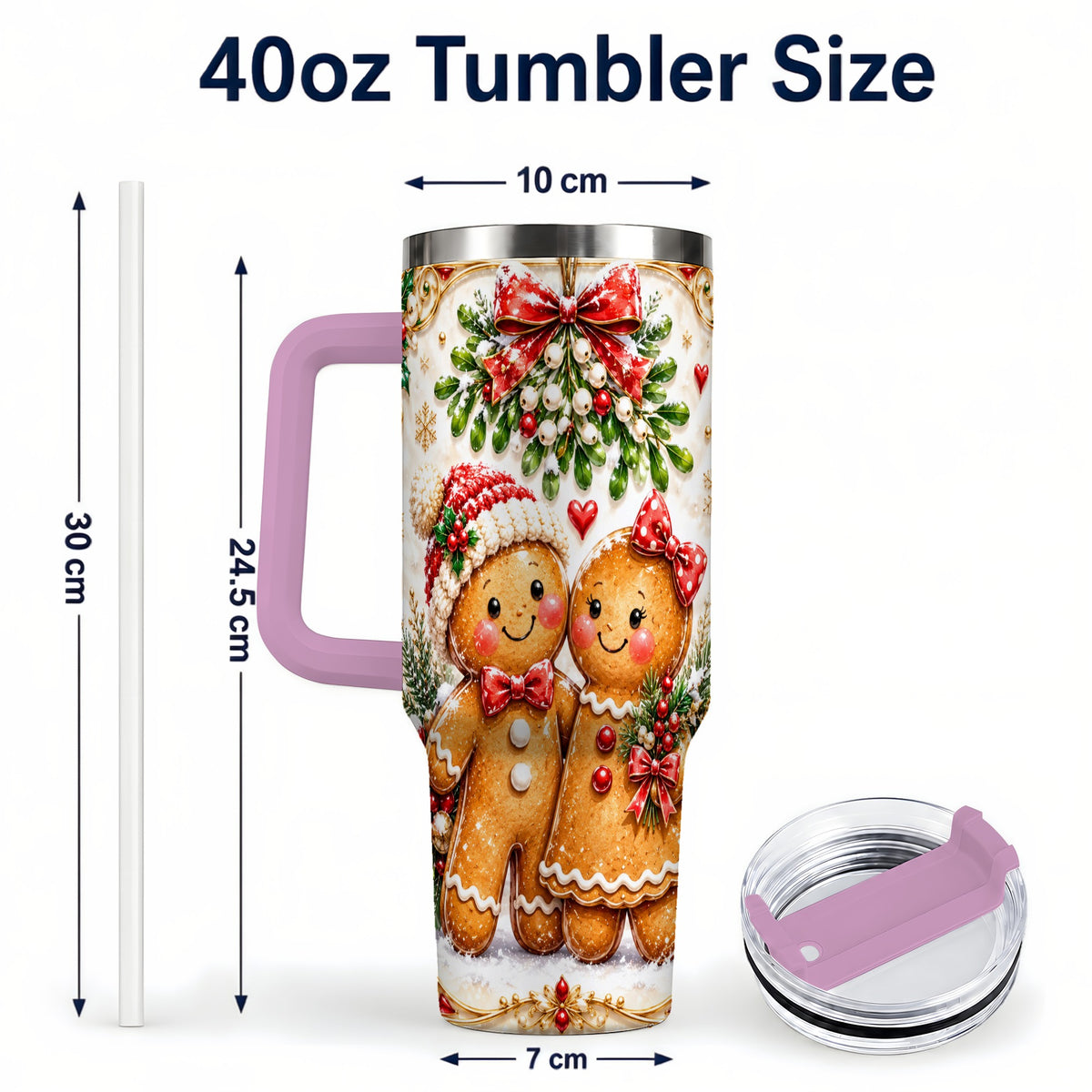 #pl[40oz|Pink] Gingerbread Couple 40oz Tumbler with Handle, Mistletoe Travel Cup