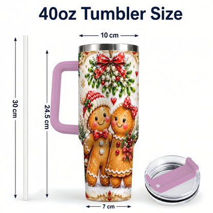 #pl[40oz|Pink] Gingerbread Couple 40oz Tumbler with Handle, Mistletoe Travel Cup