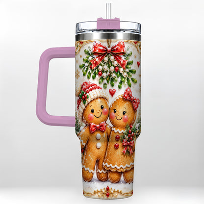 #pl[40oz|Pink] Gingerbread Couple 40oz Tumbler with Handle, Mistletoe Travel Cup
