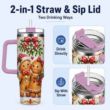 #pl[40oz|Pink] Gingerbread Couple 40oz Tumbler with Handle, Mistletoe Travel Cup