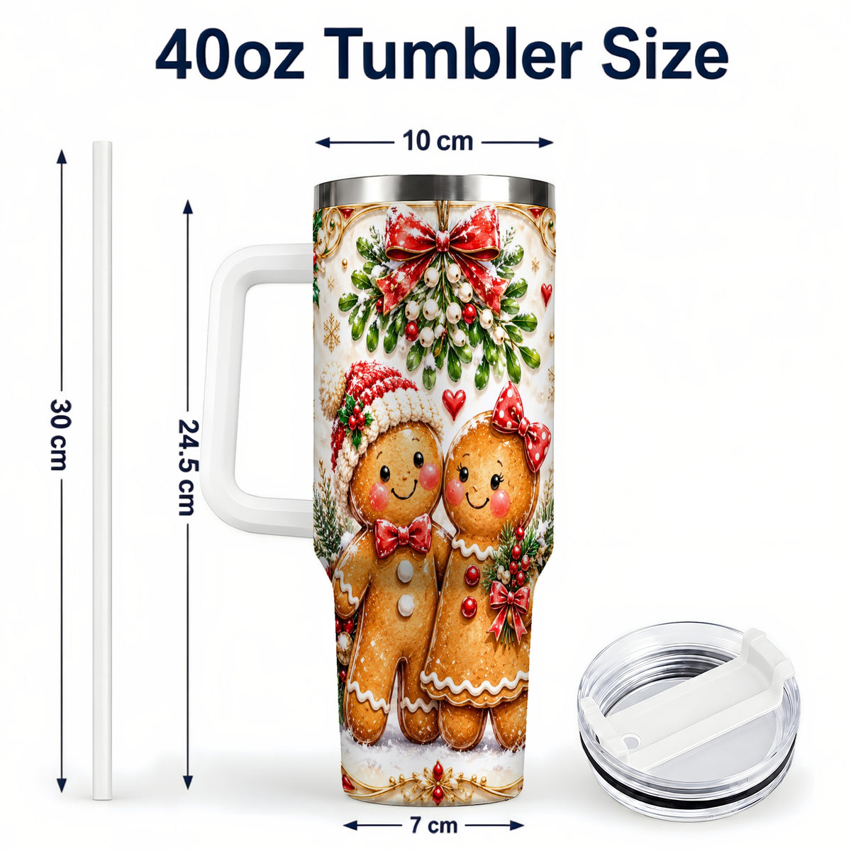 #pl[40oz|White] Gingerbread Couple 40oz Tumbler with Handle, Mistletoe Travel Cup
