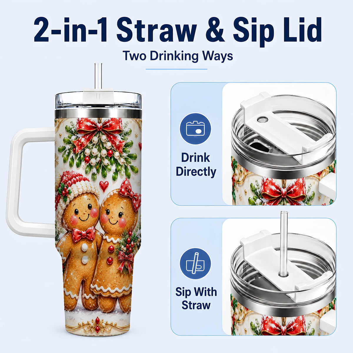 #pl[40oz|White] Gingerbread Couple 40oz Tumbler with Handle, Mistletoe Travel Cup