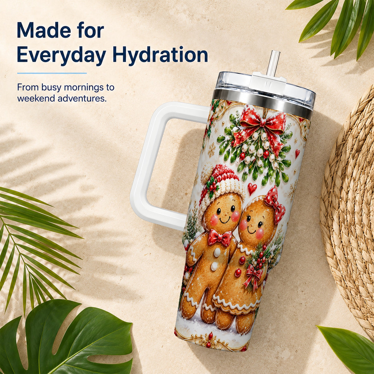 Gingerbread Couple 40oz Tumbler with Handle, Mistletoe Travel Cup