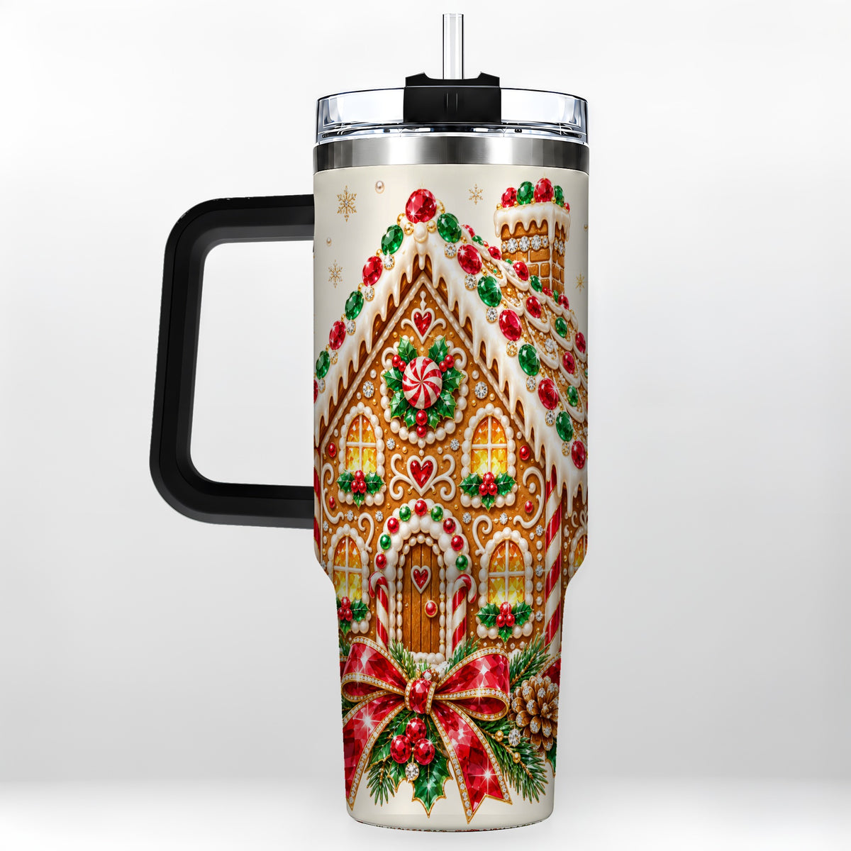 #pl[40oz|Black] Gingerbread House 40oz Tumbler with Handle, Christmas Travel Cup