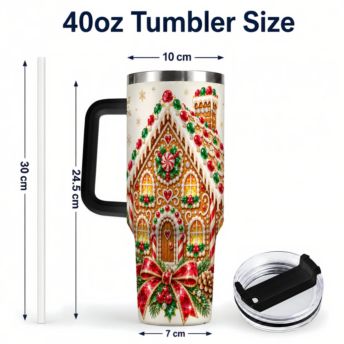 #pl[40oz|Black] Gingerbread House 40oz Tumbler with Handle, Christmas Travel Cup