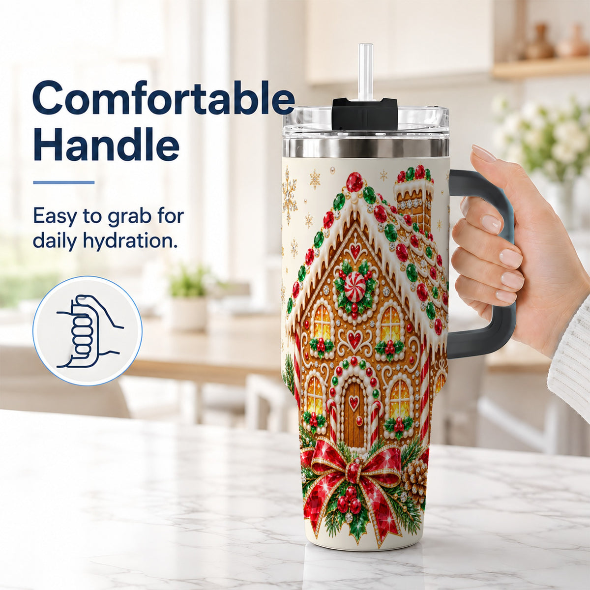 #pl[40oz|Black] Gingerbread House 40oz Tumbler with Handle, Christmas Travel Cup