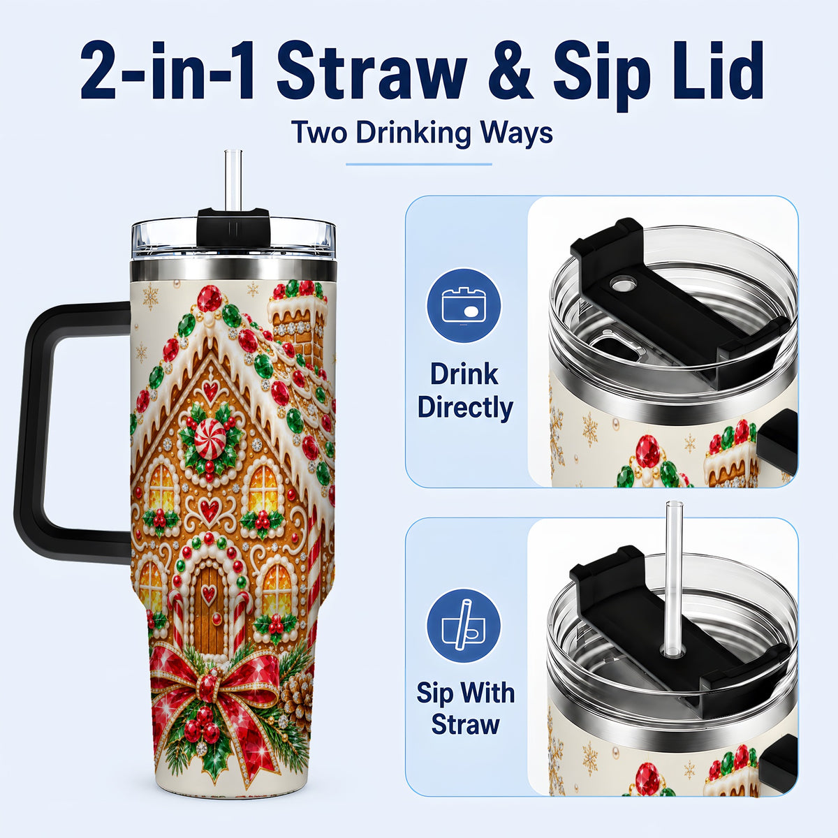 #pl[40oz|Black] Gingerbread House 40oz Tumbler with Handle, Christmas Travel Cup