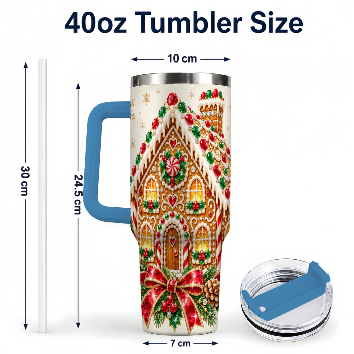 #pl[40oz|Blue] Gingerbread House 40oz Tumbler with Handle, Christmas Travel Cup